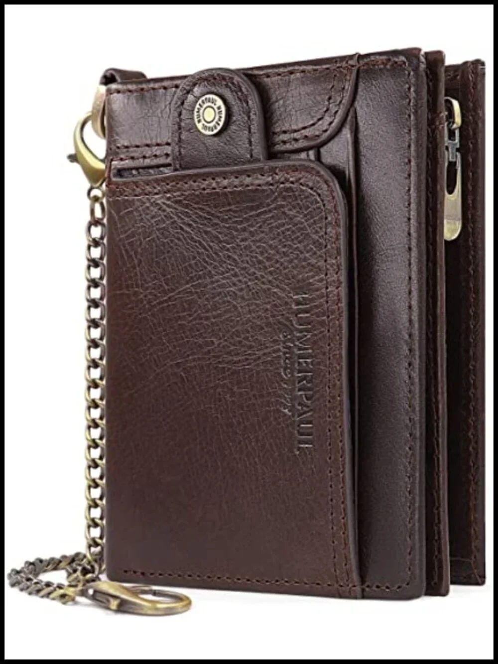 Genuine Leather Bifold Wallet with Detachable Chain RFID Blocking